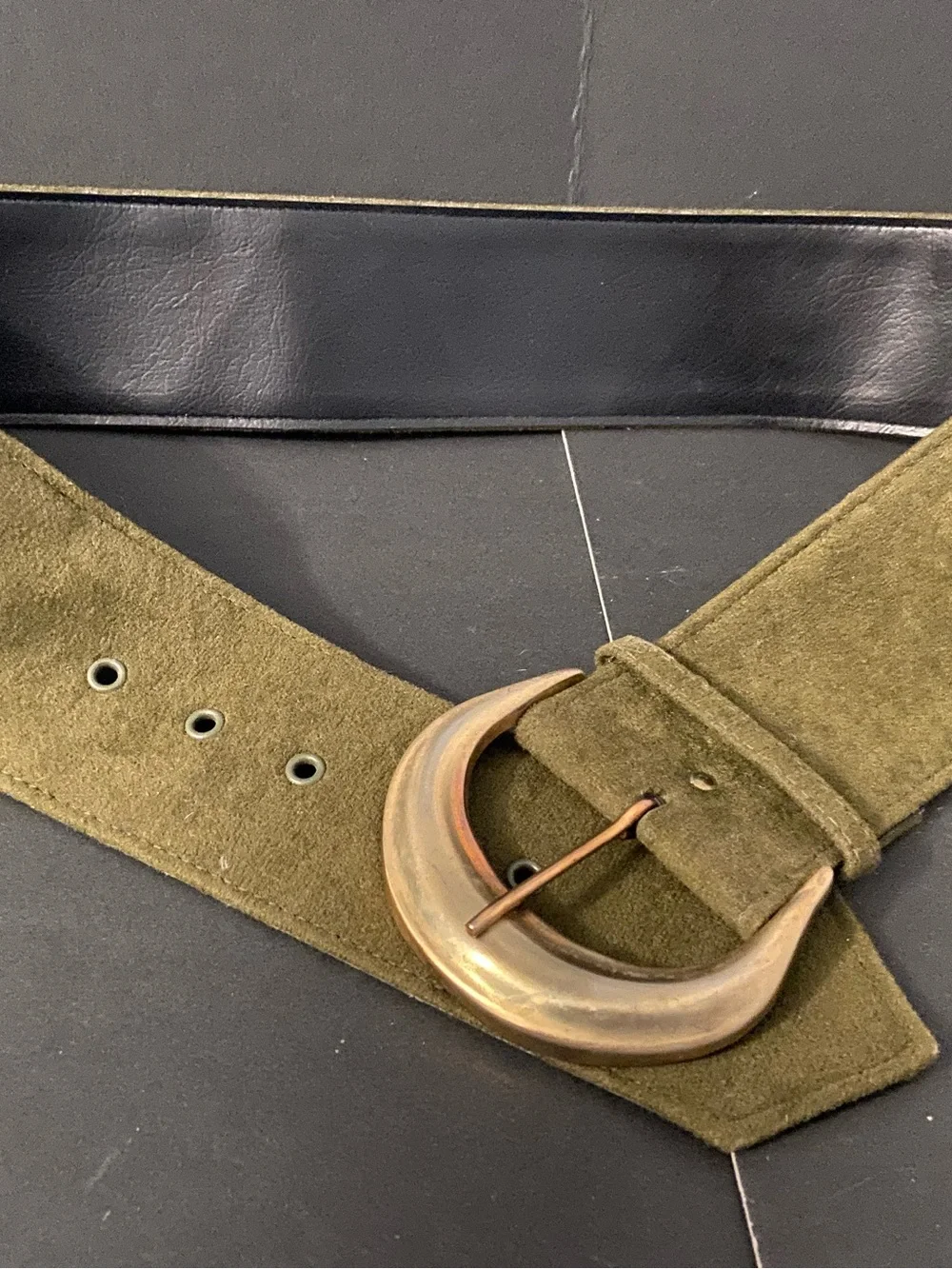 Vintage Chunky Green Leather Suede Belt with Large Copper Colored Buckle